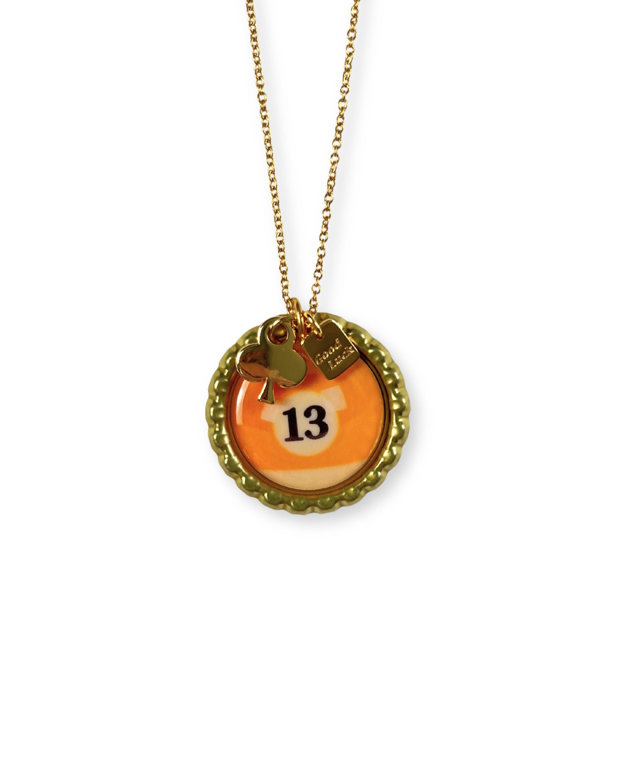 Necklace with a round pendant featuring the number 13 on a white background