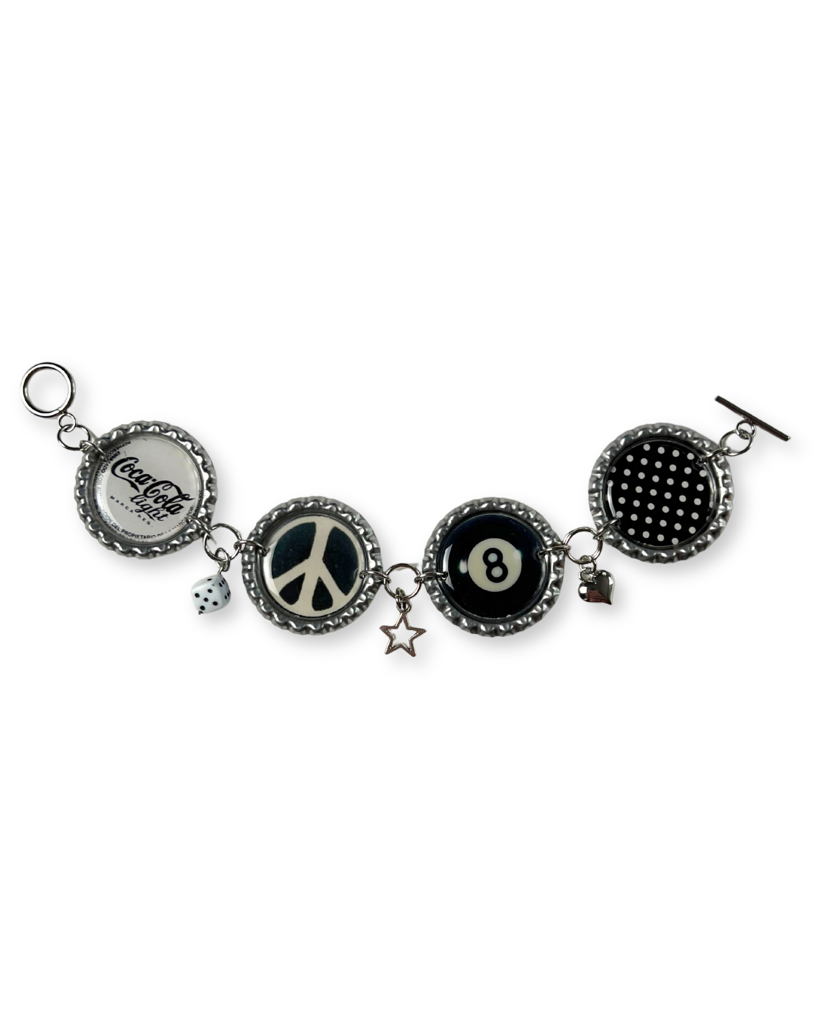 Bracelet with various charms including a peace symbol, number 8, and Coca-Cola logo on a white background.