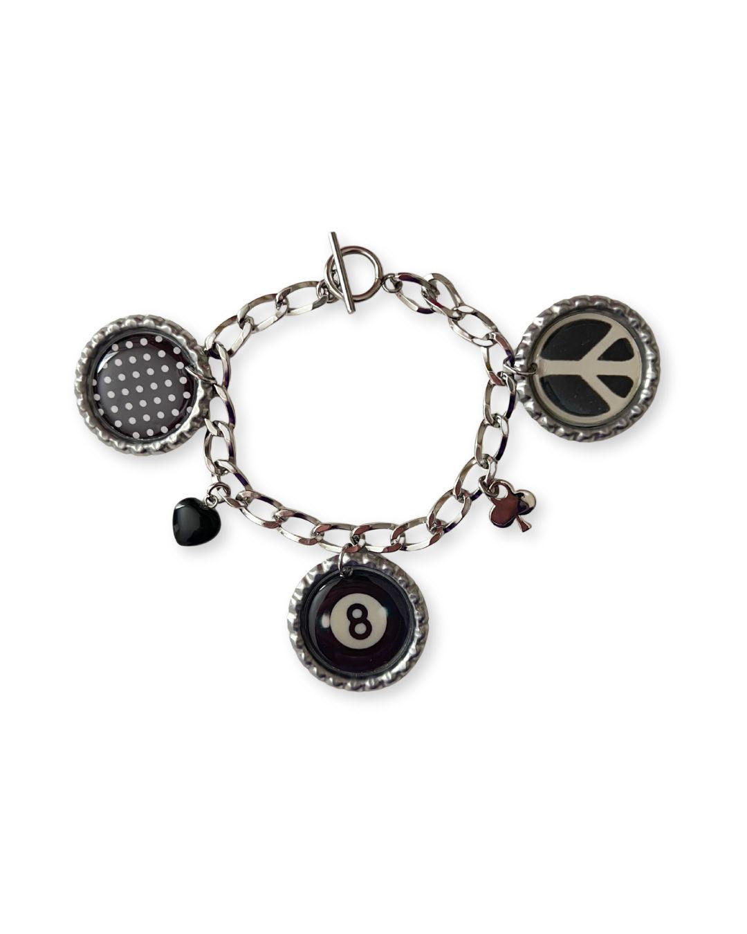 Bracelet with various charms including a peace sign, number 8, and heart on a white background