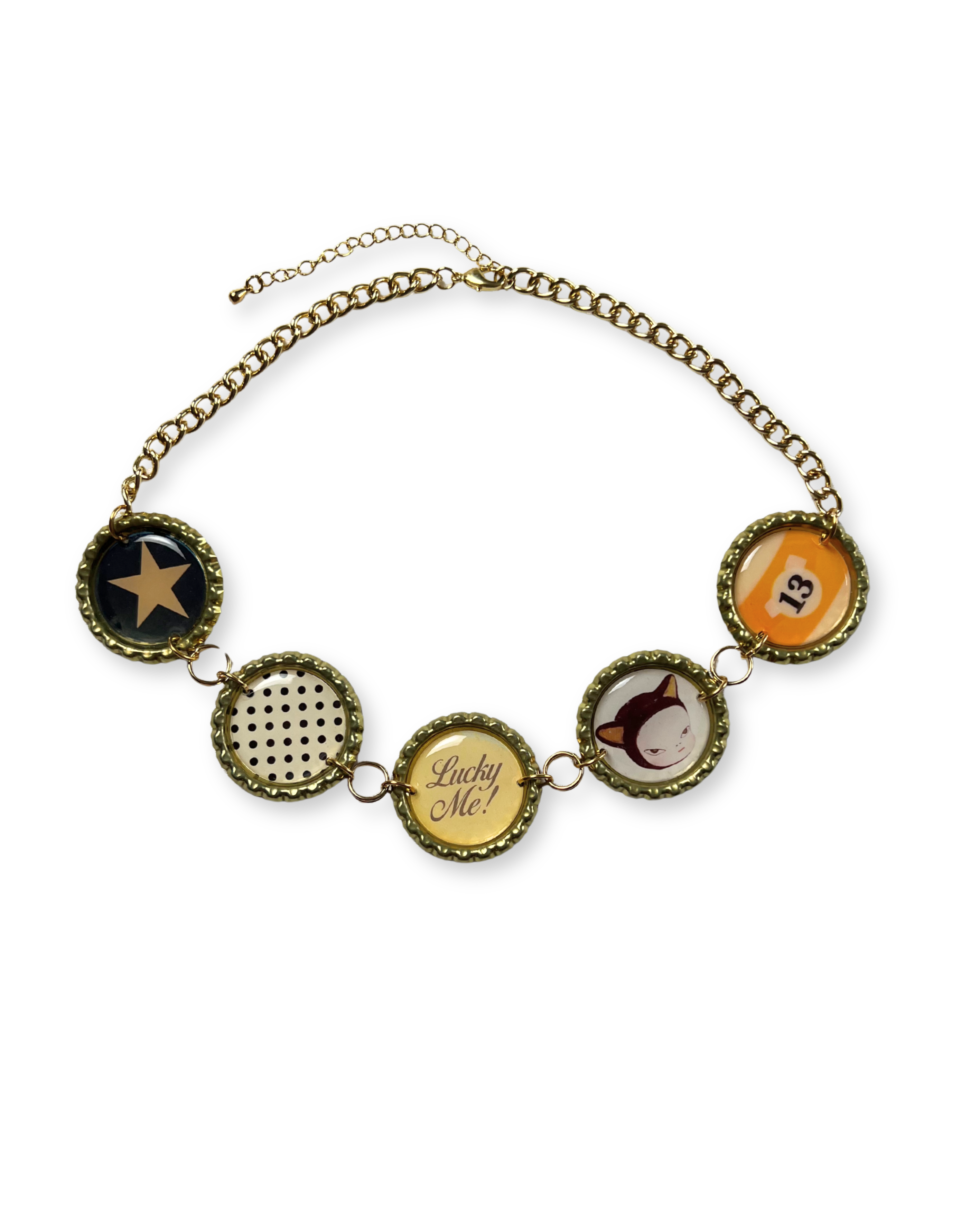 necklace with circular charms on a white background