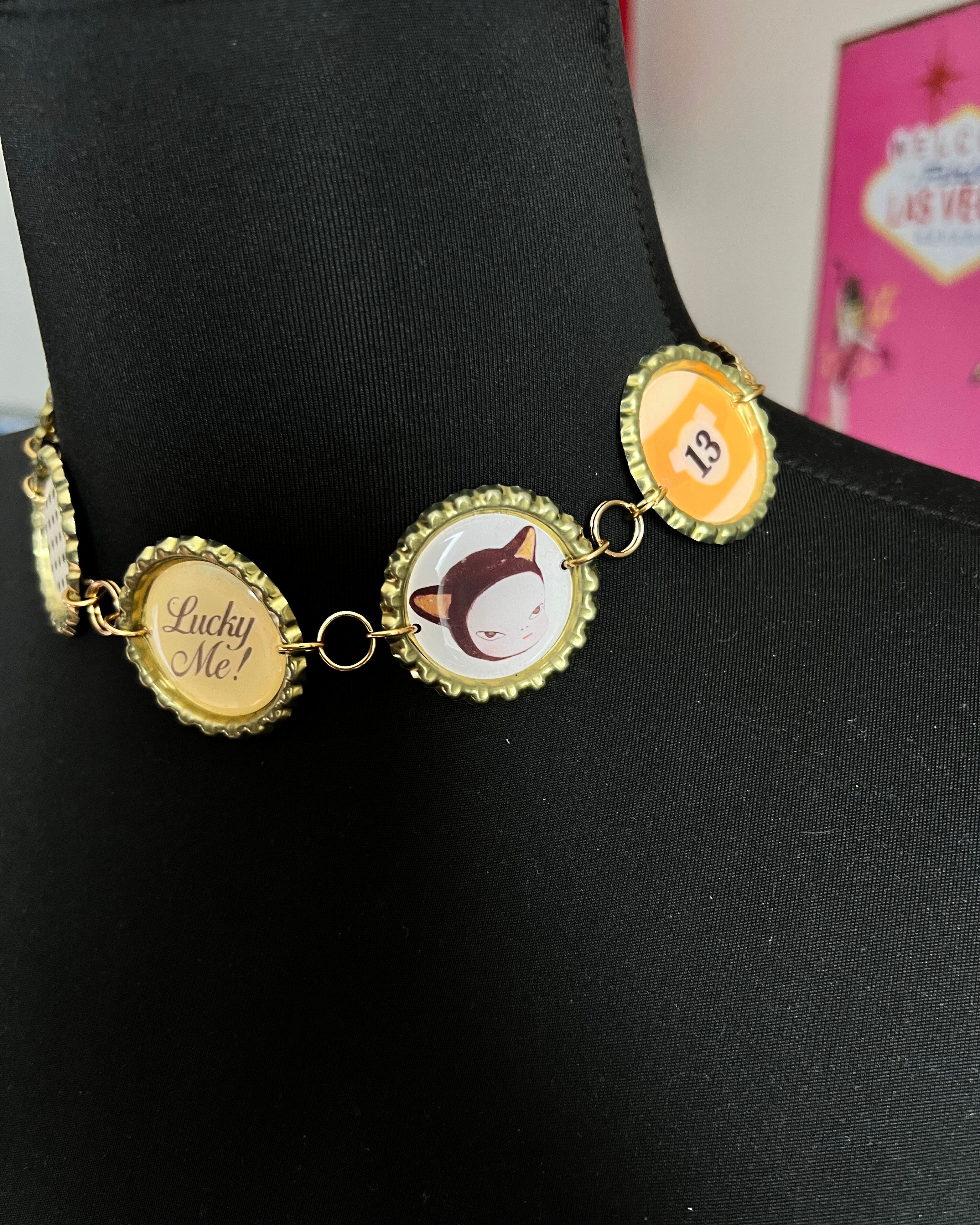 Bracelet with round charms on a black background