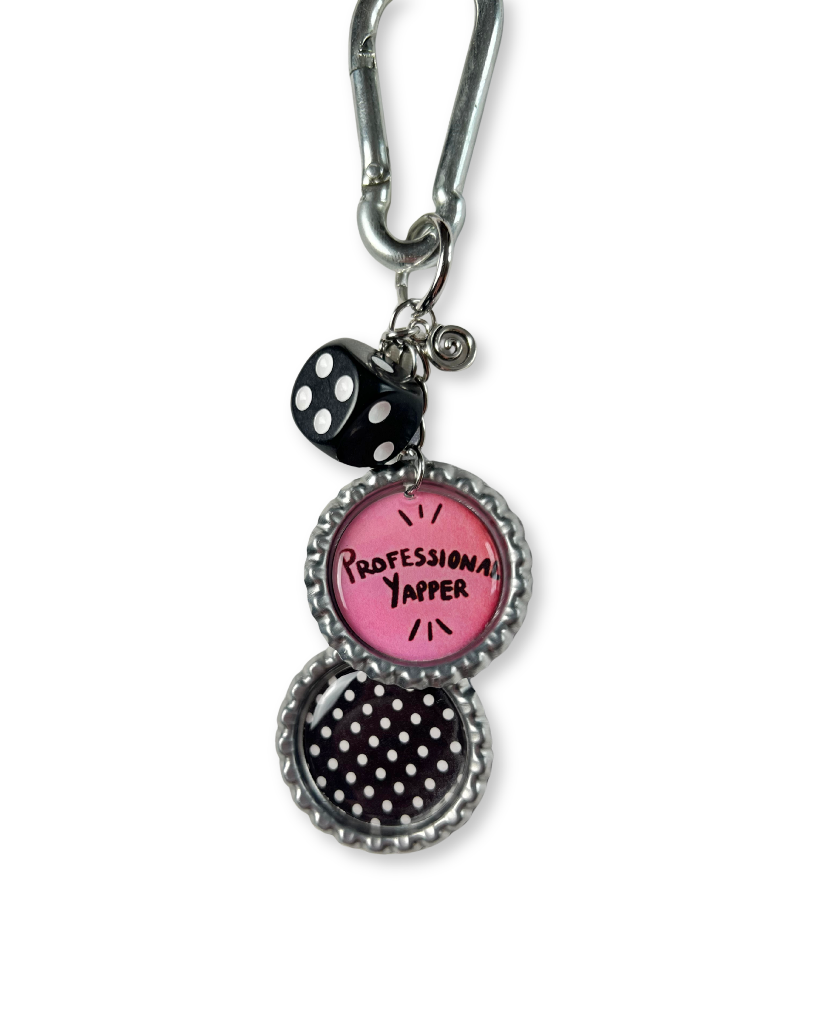 Keychain with dice and 'Professional Yapper' charm on a white background