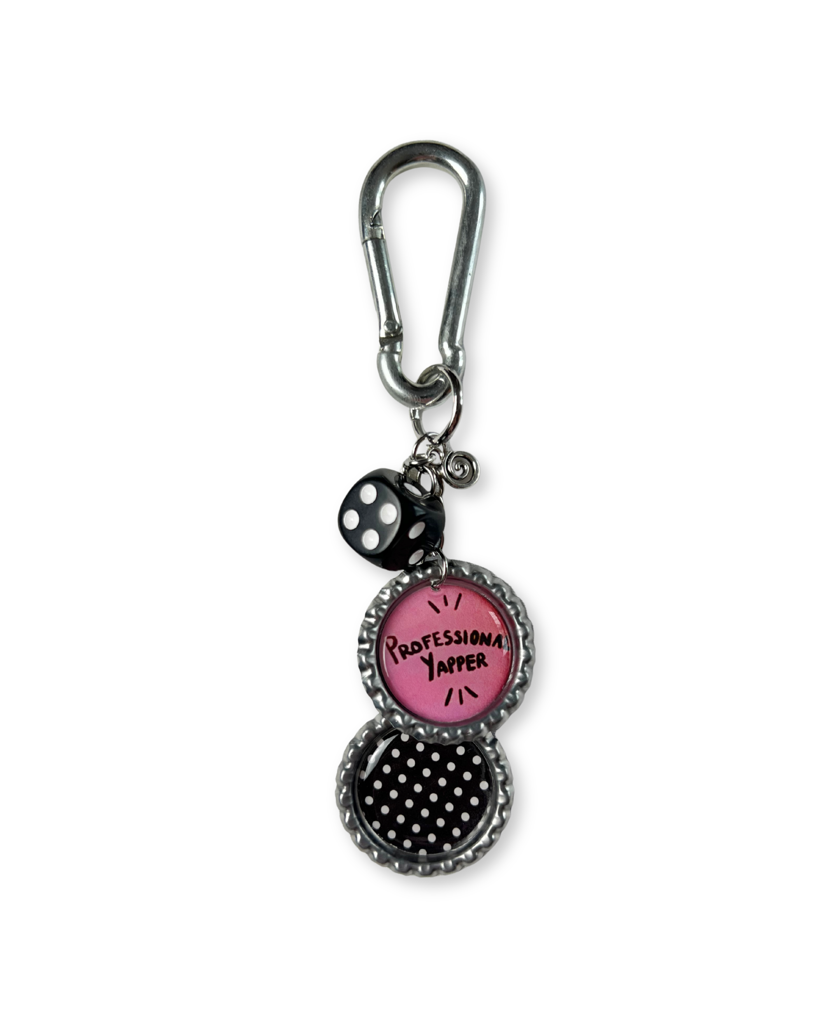 Keychain with black and pink design on a white background