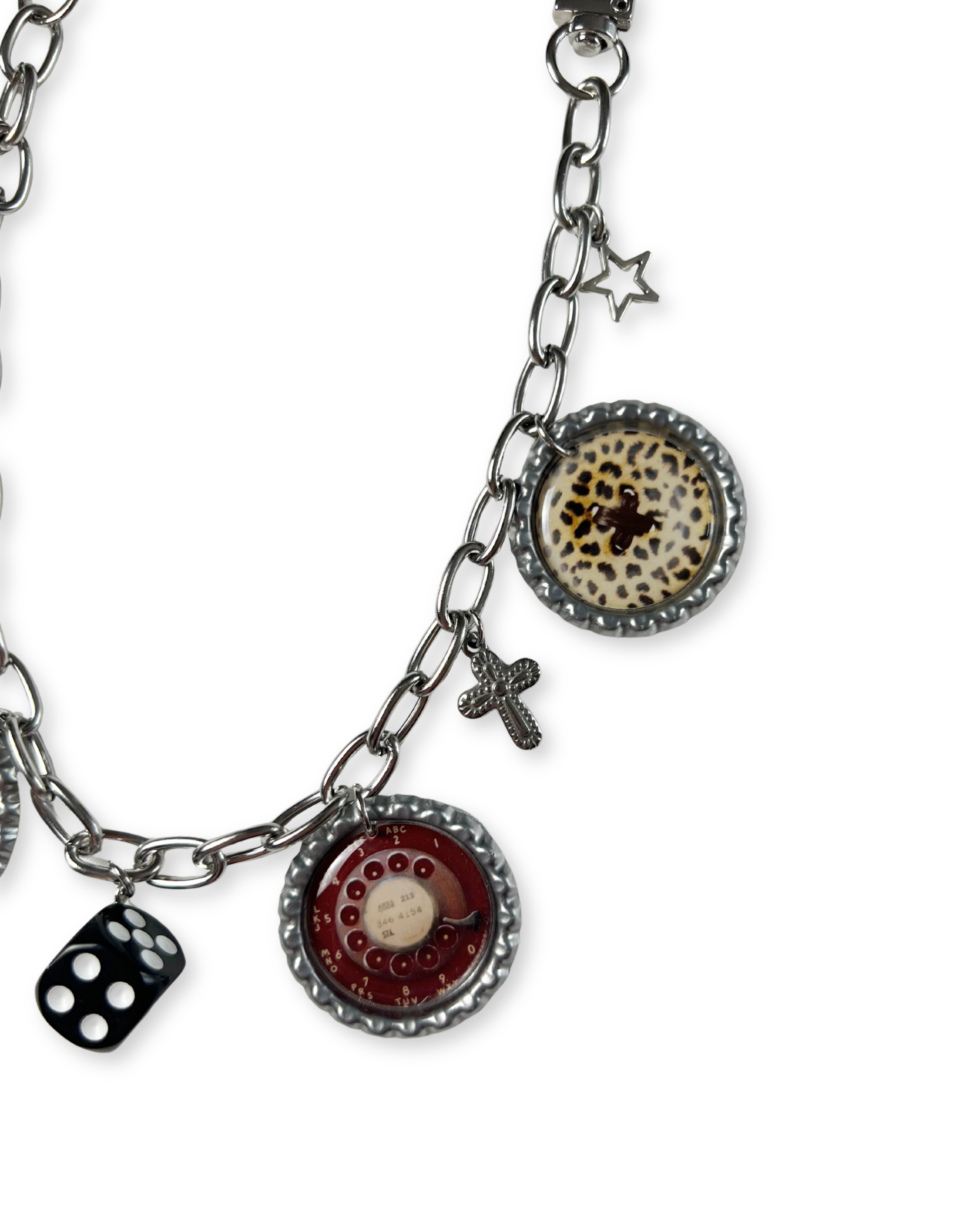 bag chain with various charms on a white background