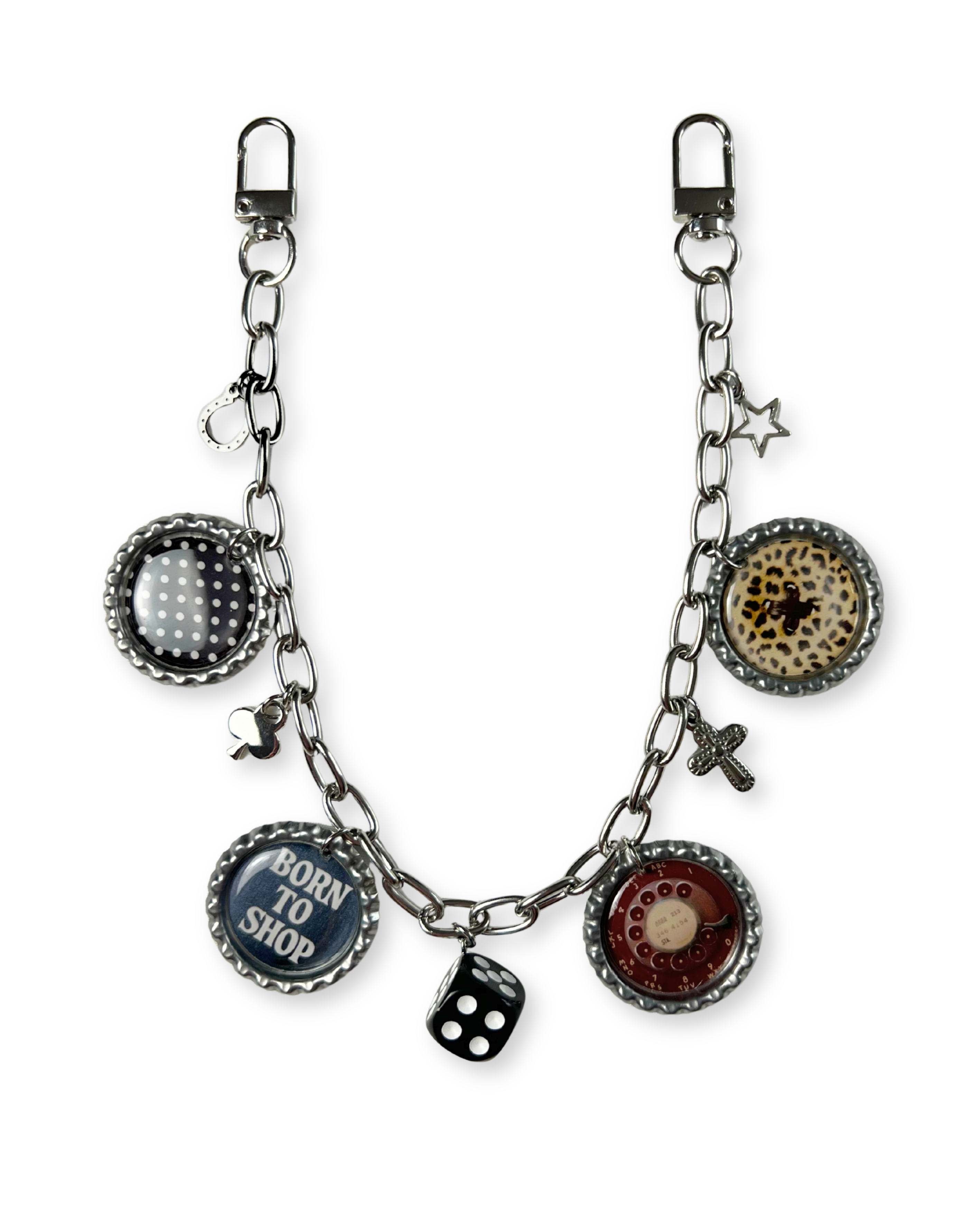 Keychain with various charms on a white background