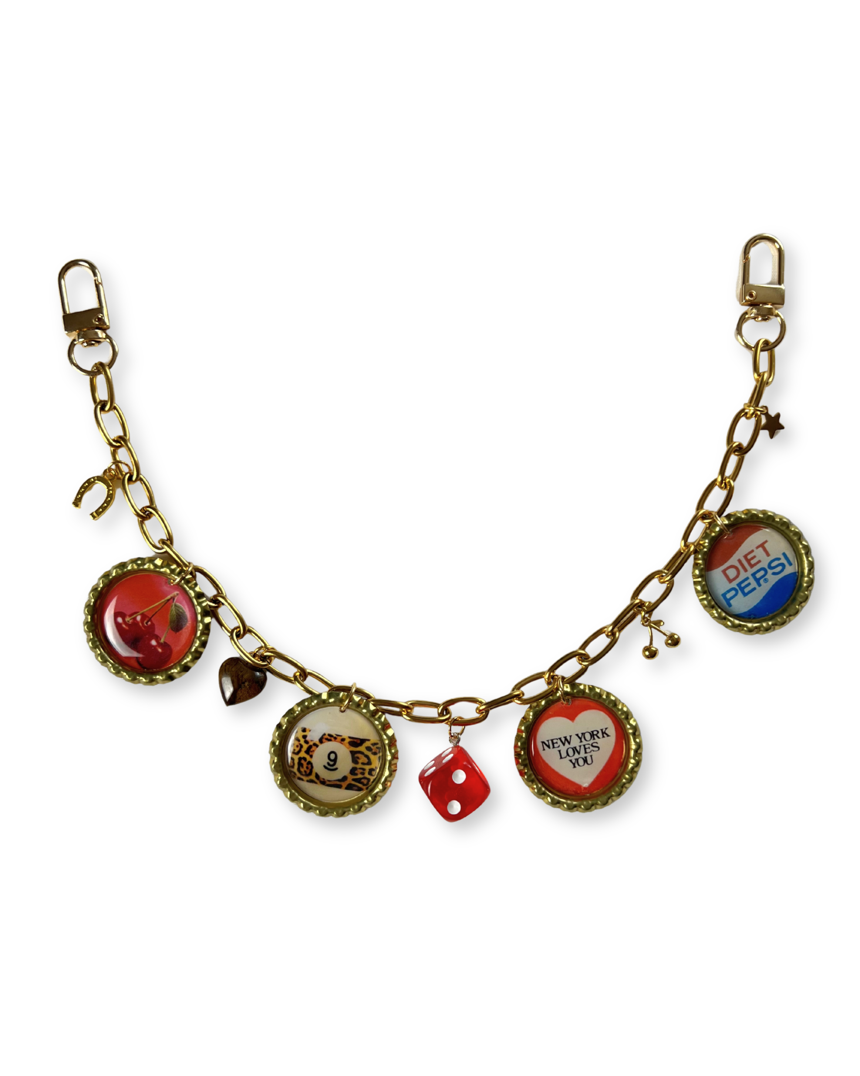 bag chain with vintage-style bottle cap charms on a white background