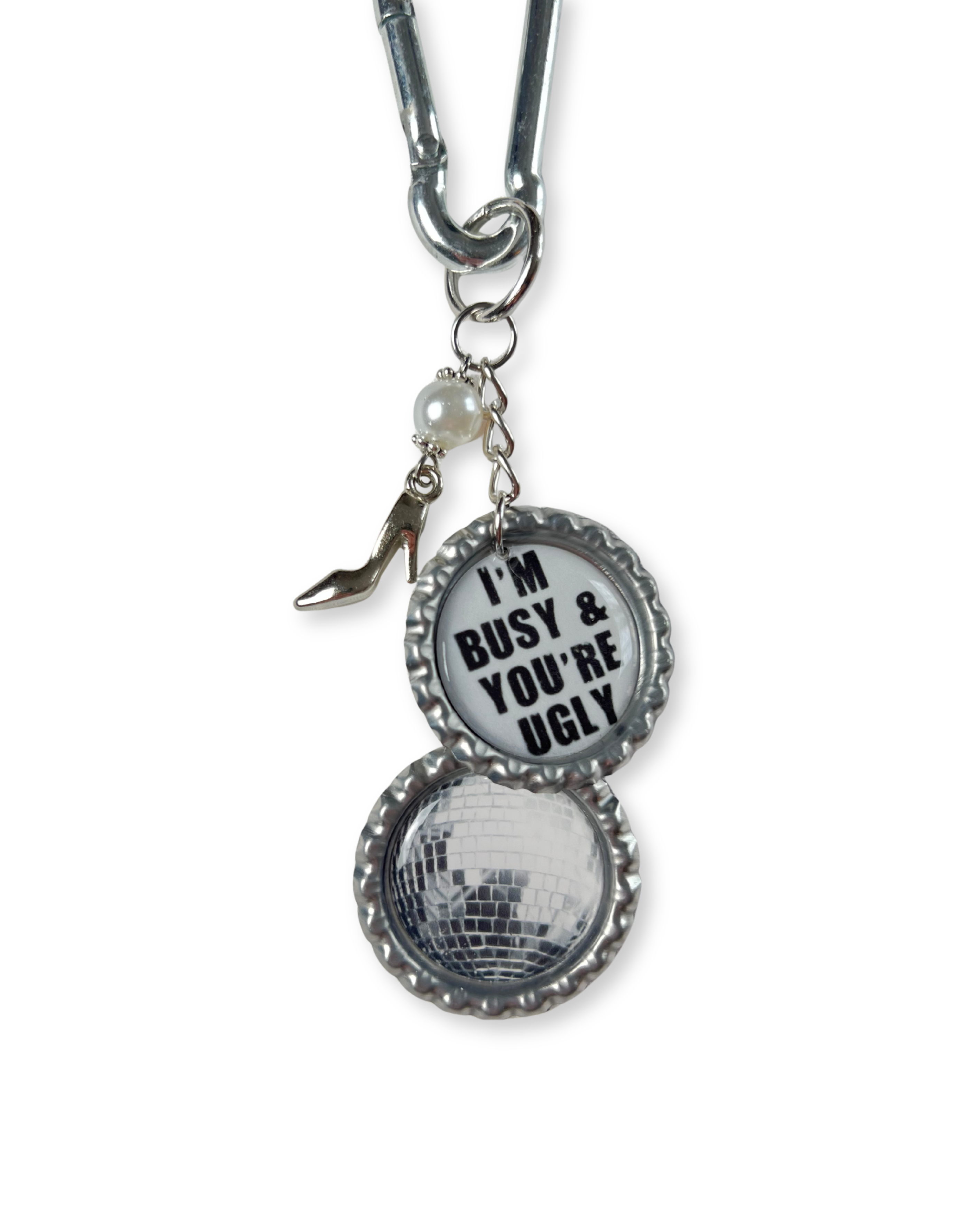 Keychain with disco ball and text charm on a white background