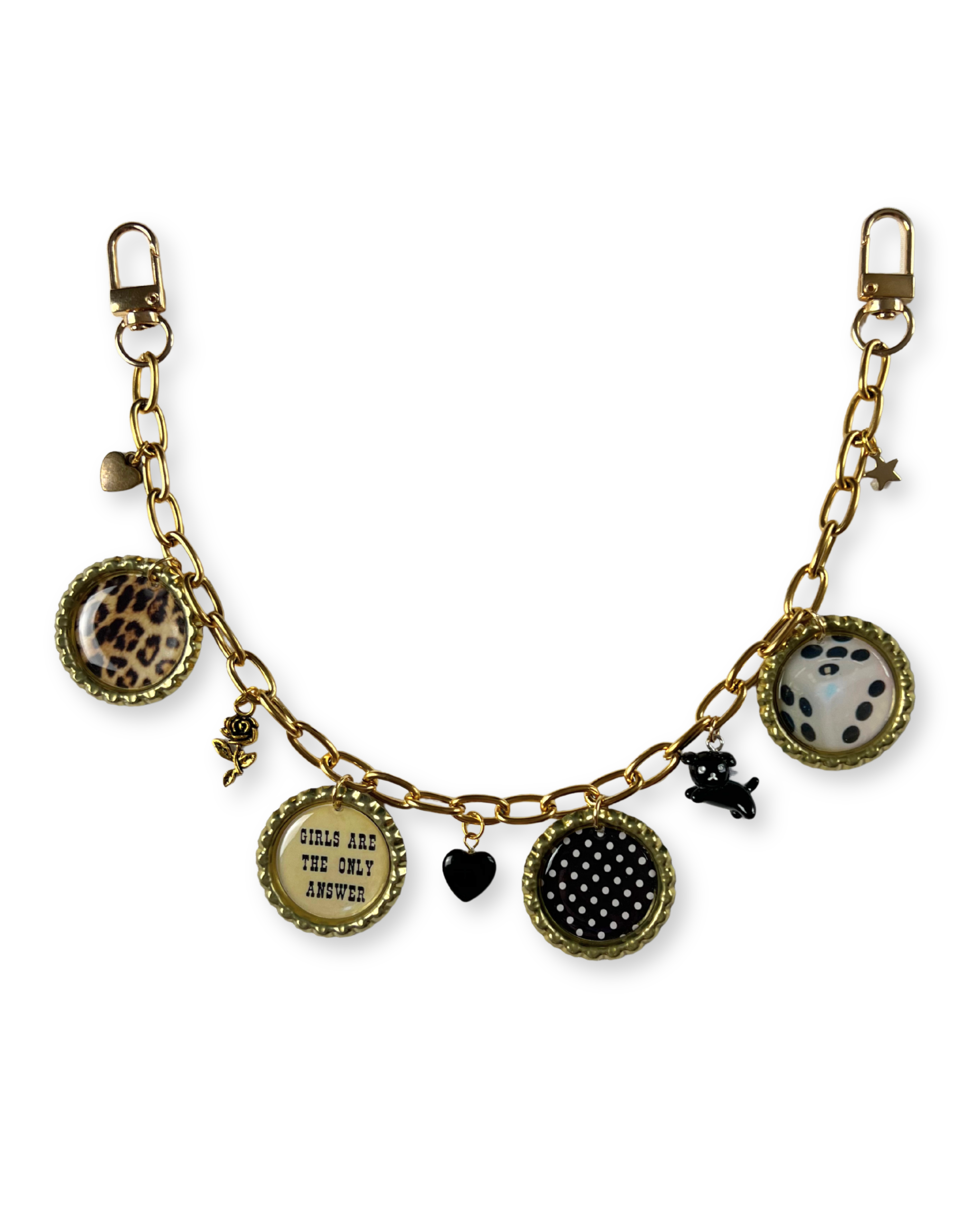 Bracelet with various charms on a white background