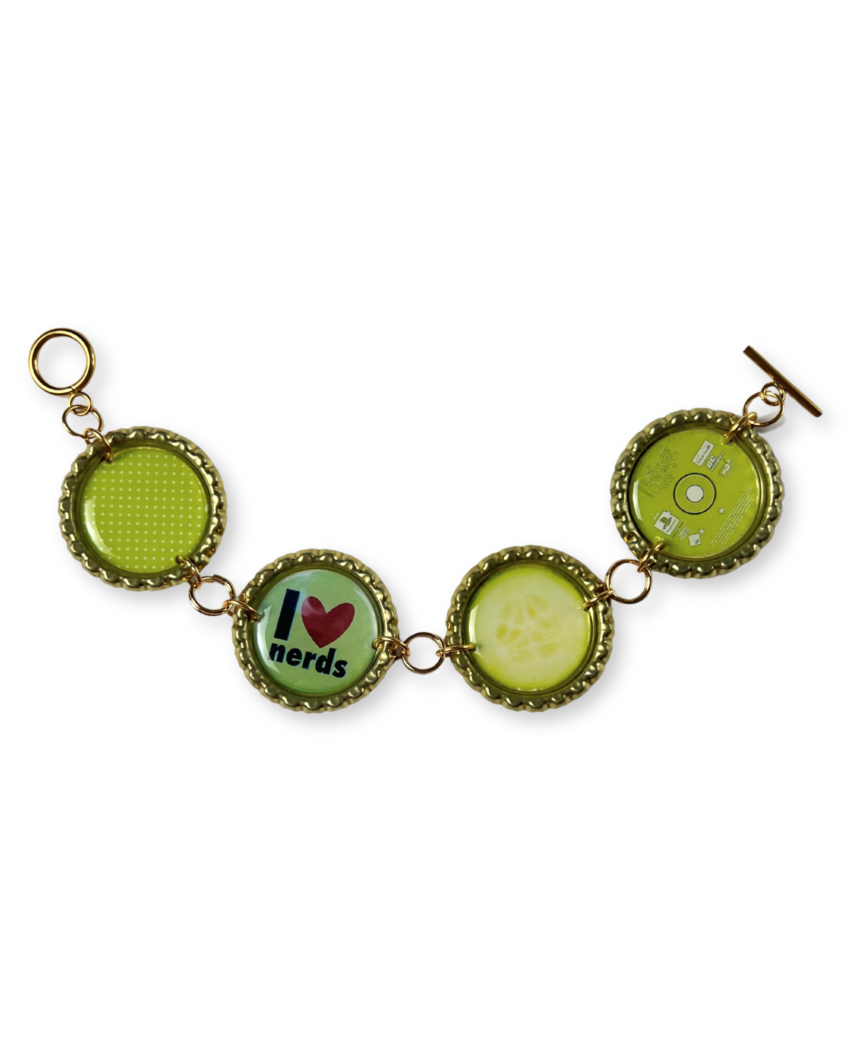Bracelet with green circular charms on a white background
