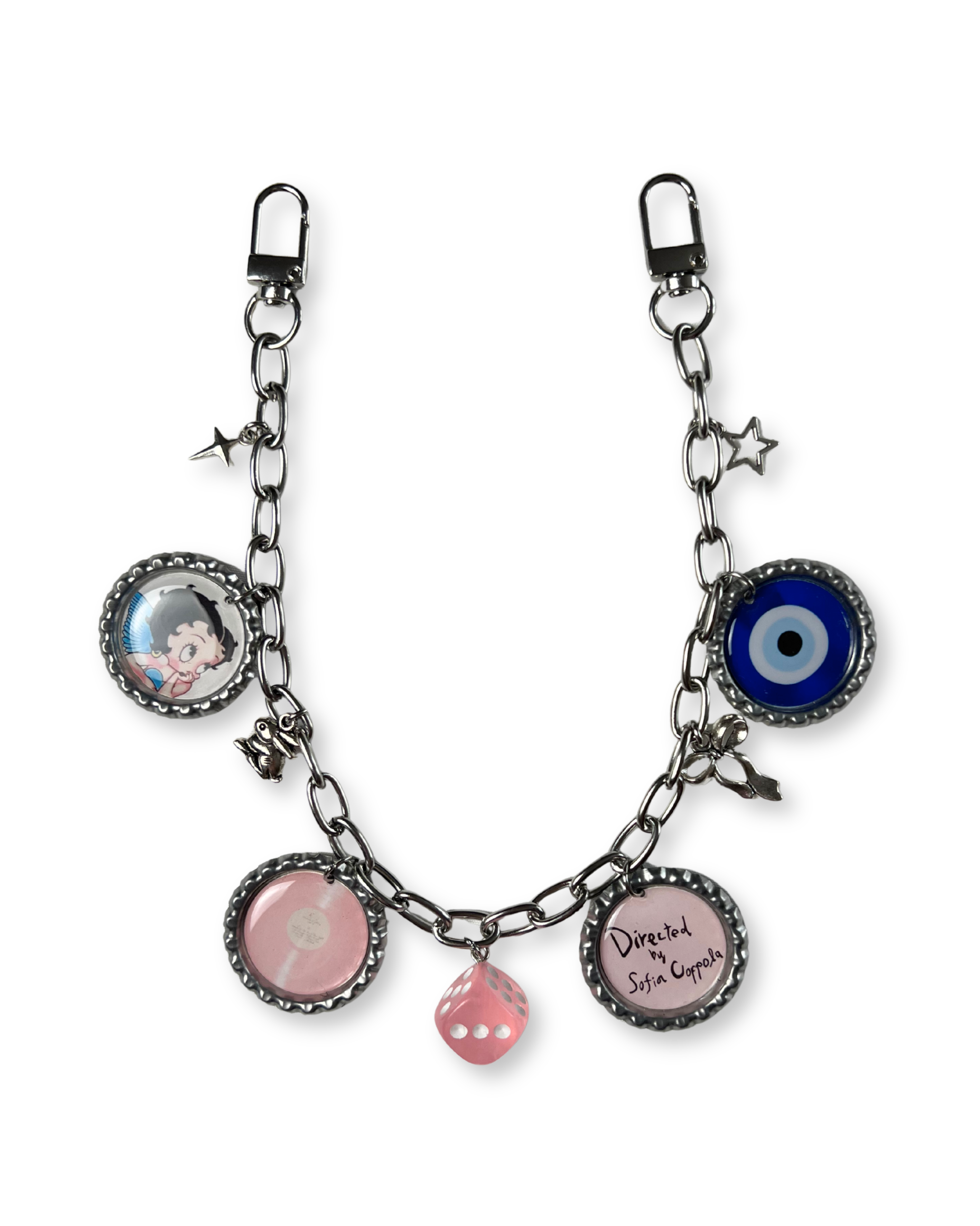 Keychain with various charms on a white background